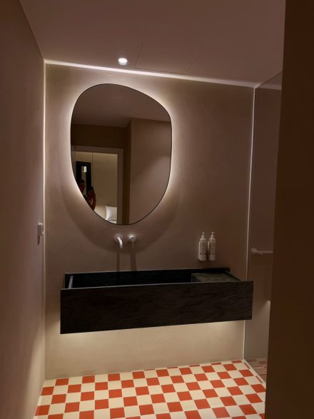 The bathroom, with its oval backlit mirror and stone basin